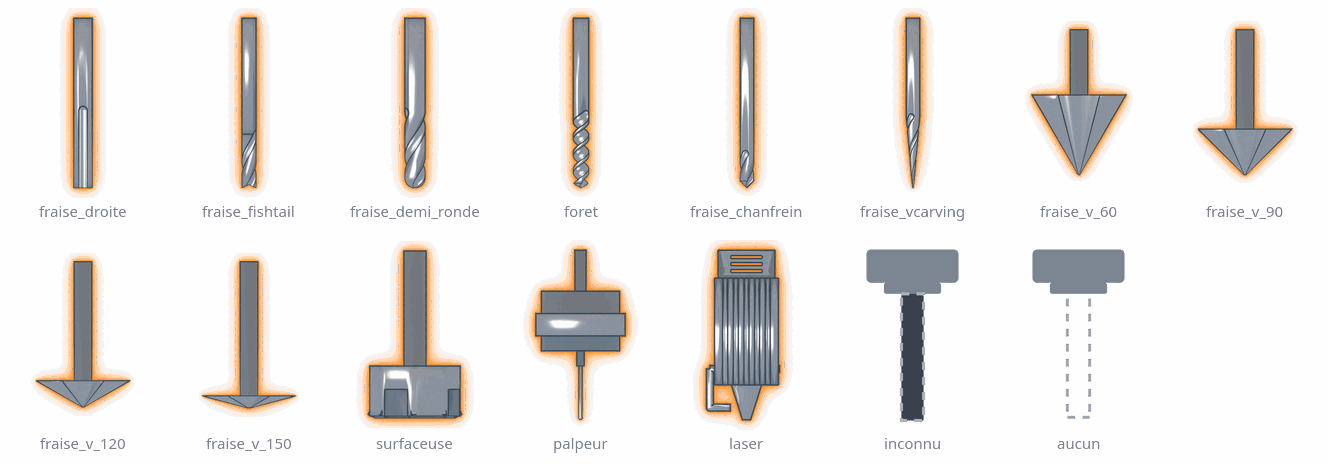 Les quinze images : treize outils rendus depuis leur modèle, plus les deux cas particuliers